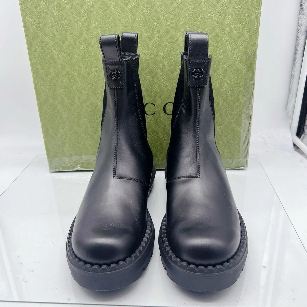 Gucci Chelsea Leather Interlocking GG Ankle Boots Black Men's UK 10.5 US 11